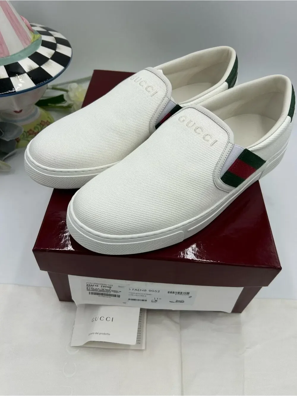Men's Gucci white canvas ace slip on sneakers size 11.5 fits 12 US made Italy